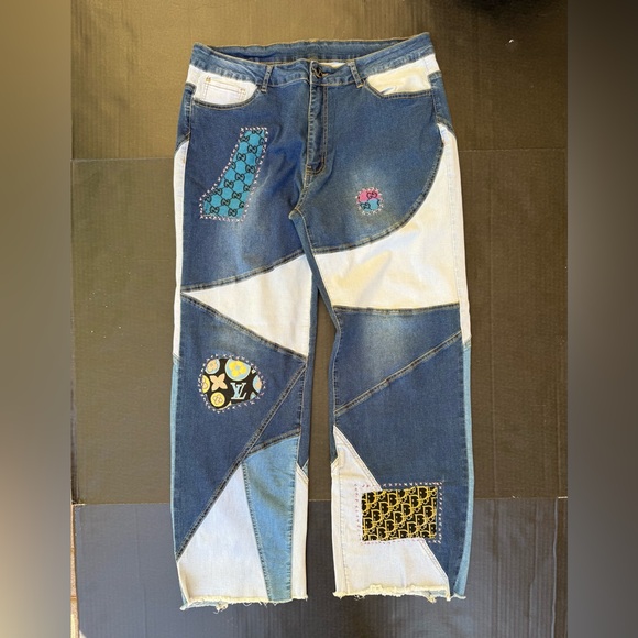 Upcycled Denim - Designer Inspired Hand Stitched Upcycled Denim Straight Leg Jeans sz 2XL
